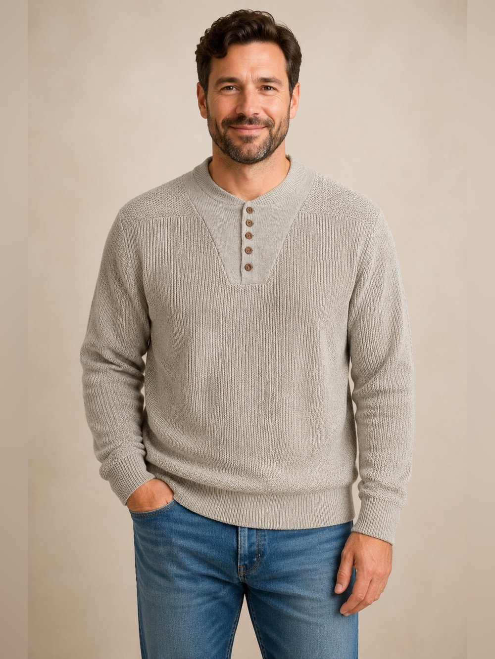 Cabela’s Men’s 2XL Oatmeal Cotton Textured Henley Pullover Sweater